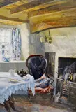 Print - interior of cottage with range by Keith Andrew limited edition, 1987, print, sold May 2015