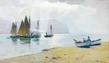 Print - steam and sail Conwy Estuary looking by Warren Williams coloured limited edition, print, sold May 2015