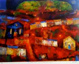 Print - terraced houses on mountainside with chapels by Chris Griffin limited edition, print, offered Feb 2015