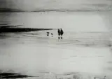Print - two figures walking dogs on coastline by Donald McINTYRE limited edition, print, offered Feb 2015