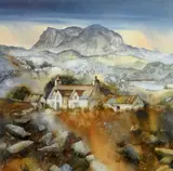 Print - farmhouse with lake and mountains in by Gillian McDonald limited edition, Stone Farm IV', signed, offered Feb 2015