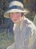 Portrait of a girl in a hat Oil on board 35.5 x 25.5cm Provenance: Sotheby’s, 13.6.88, Lot 2219 ++Some spots of bloom, would be enhanced by a light clean by Edwin Byatt, Oil on board, sold Jun 2015