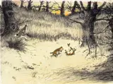 Scenes of foxes and hunting Three, all mixed media over a printed base on ivorine, unframed Each 15 x 20cm (3) ++Some slight staining and marking in places by Cecil Aldin, mixed media, sold Jun 2015