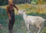 Boy with a goat Signed with a monogram Oil by Anton Hirschig, Oil on canvas, offered Jun 2015