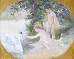 Boys bathing and feeding a swan Signed Oil on canvas 38 x 47cm; 15 x 18½in ++Does not appear to be relined, good condition, possibly some restoration by Léon Comerre, Oil on canvas, sold Jun 2015