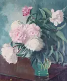 Still life of peonies in a green vase Signed Oil on canvas 61 x 50.5cm ++Unlined, good condition by James Sinton Sleator, Oil on canvas, offered Jun 2015