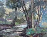 Woodland stream with a cottage beyond Signed Oil by Ronald Ossory Dunlop, Oil on board, sold Jun 2015