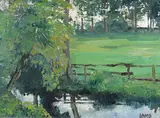A paddock by a stream Signed Oil on board 30 x 40cm ++Good condition by Charles Vincent Lamb, Oil on board, offered Jun 2015
