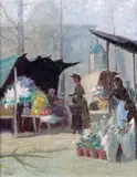 The flower market Signed with initials Oil on canvas laid on board 41 x 33cm ++A little craquelure to the impasto, good condition by Mark Senior, Oil on canvas laid on board, sold Jun 2015