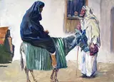 A woman on a donkey by Erich Wolfsfeld, Oil on paper, laid down on board, unframed, sold Jun 2015