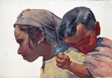 A mother carrying her son on her back Signed with initials Oil on by Erich Wolfsfeld, Oil on paper, unframed, sold Jun 2015