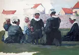 A gathering of Dutch women Signed with initials Oil on paper by Erich Wolfsfeld, Oil on paper, unframed, sold Jun 2015