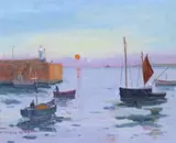 Ships leaving a Cornish harbour at sunrise Signed Oil on canvas 25 x 30cm ++Good condition by Eric Ward, Oil on canvas, sold Jun 2015