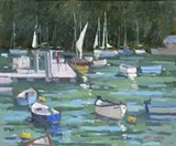 Sailing boats by a jetty Signed Oil on canvas 25 x 30cm ++Good condition by Eric Ward, Oil on canvas, sold Jun 2015
