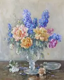 Still life of delphiniums and roses in a glass Signed Oil by Owen Bowen, Oil on canvas, sold Jun 2015