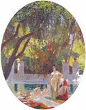 Baigneuses au Parc Signed Oil on canvas, oval 114.5 x 92cm ++Unlined, good condition by Emil Marie Baume, Oil on canvas, oval, offered Jun 2015