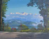 View of snow capped mountains by B. L. Mukerji, Oil on canvas, sold Jun 2015