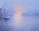 Winter sunset, North Bay, Trafford Wharf, Manchester Signed, also titled verso Oil on canvas 25.5 x 30.5cm ++Good condition by Reg Gardner, Oil on canvas, sold Jun 2015