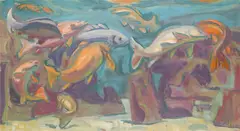 Fish Signed with initials Oil on canvas 51 x 91.5cm ++Unlined, good condition by Hans Feibusch, Oil on canvas, offered Jun 2015