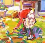Tending the garden Signed Oil on board 45.5 x 48cm ++Good condition by Jeffrey Pratt, Oil on board, sold Jun 2015
