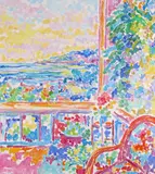 Sunny balcony view Signed Oil on canvas 102 x 92cm Provenance: The Property of a Nobleman by Anne Penchasoff, Oil on canvas, offered Jun 2015