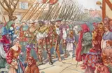 Illustration of soldiers marching to war Signed and dated July 1915 Watercolour 32.5 x 50.5cm ++One or two minor blemishes, good condition by Leslie F. Everett, Watercolour, offered Jun 2015