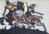 Illustration of knights jousting Signed and dated 1914 Gouache 28.5 x 39.5cm ++One or two blemishes otherwise good condition by Leslie F. Everett, 1914, Gouache, offered Jun 2015