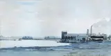 Warehouses on the shore  Signed by James McBey, Pen, ink and watercolour with pencil, sold Jun 2015