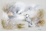 A heron in a winter river landscape Signed Watercolour on pale grey by Gordon Beningfield, Watercolour on pale grey paper, offered Jun 2015
