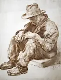 A seated labourer Signed with initials Sepia by Erich Wolfsfeld, watercolour, sold Jun 2015