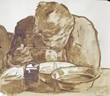 A man eating spaghetti Signed with initials Oil on paper by Erich Wolfsfeld, Oil on paper, unframed, sold Jun 2015