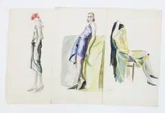 Fashion studies three watercolour and pencil on paper studies, unframed unsigned, 55 x 32cm, sheet size (3) by Dodo Burgner, watercolour and pencil on paper, offered Apr 2015