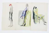 Fashion studies three watercolour and pencil on paper studies, unframed unsigned, 55 x 32cm, sheet size (3) by Dodo Burgner, watercolour and pencil on paper, offered Apr 2015