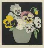 Pansies in a vase woodblock on paper, framed signed in pencil Hall Thorpe 16.5 x 15cm (image) by Hall Thorpe, pencil, sold Apr 2015