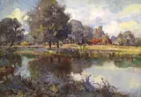 River landscape a farm beyond Signed Oil on canvas 36 x 51cm; 14 x 20in by Harold Waite, Oil on canvas, offered Mar 2015