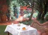The White Tablecloth Signed Oil on canvas 46 x 61cm; 18 x 24in With a small oil sketch of a landscape by the same hand 10 x 17cm (2) by John Shirley-Fox, Oil on canvas, offered Mar 2015