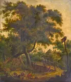 Rustic figures resting by a bridge Thought to be by Patrick Nasmyth, Oil on panel, sold Mar 2015