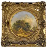 Figures by a pond and cottage by Samuel David Colkett, oil on panel, sold Mar 2015