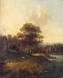 Rustic figures resting by track by a river Signed  Oil by Patrick Nasmyth, Oil on canvas, sold Mar 2015