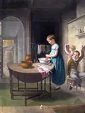 Interior scene with girls washing clothes and a boy playing tricks by C. C. Coventry, 1800, Oil on canvas, in a French Empire giltwood and gesso frame, offered Mar 2015