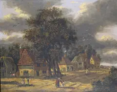 Figures in a rural hamlet Oil by George Vincent, Oil on panel, offered Mar 2015