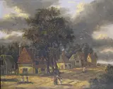 Figures in a rural hamlet Oil by George Vincent, Oil on panel, offered Mar 2015