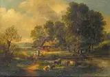 Figures and cattle by a cottage in a river landscape Signed Oil by James Stark, Oil on canvas, sold Mar 2015