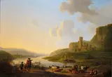 Travellers, herdsmen and cattle in an extensive river landscape with a castle and distant town Signed Oil on panel 58 x 84cm; 22¾ x 33in ++In good condition by Jacob Van Stry, Oil on panel, offered Mar 2015