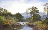 Figures by a river Signed Oil by James Elliot, Oil on canvas laid on board, sold Mar 2015