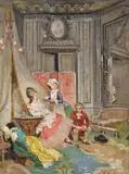 Continental interior scene Signed Oil on canvas, possibly over a printed base 30 x 23cm; 12 x 9in by T. Baker, Oil on canvas, possibly over a printed base, sold Mar 2015