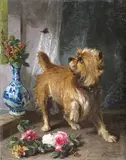 A Norwich terrier chasing a butterfly Signed Oil on panel, unframed 35 x 27.5cm; 13¾ x 10¾in by Conradijn Cunaeus, Oil on panel, unframed, sold Mar 2015