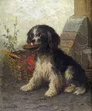 A black and white terrier by a basket Signed Oil by Conradijn Cunaeus, Oil on panel, unframed, sold Mar 2015