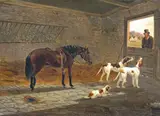 Horse and dogs in a stable Signed and dated 1853 Oil on canvas 33 x 46cm; 13 x 18in ++Relined, repaired, restored, some retouching by B. Dayrell, 1853, Oil on canvas, sold Mar 2015