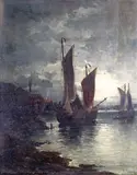 Fishing boats on the Schelde by moonlight A pair by Rudolf Giffinger, oil on panel, offered Mar 2015